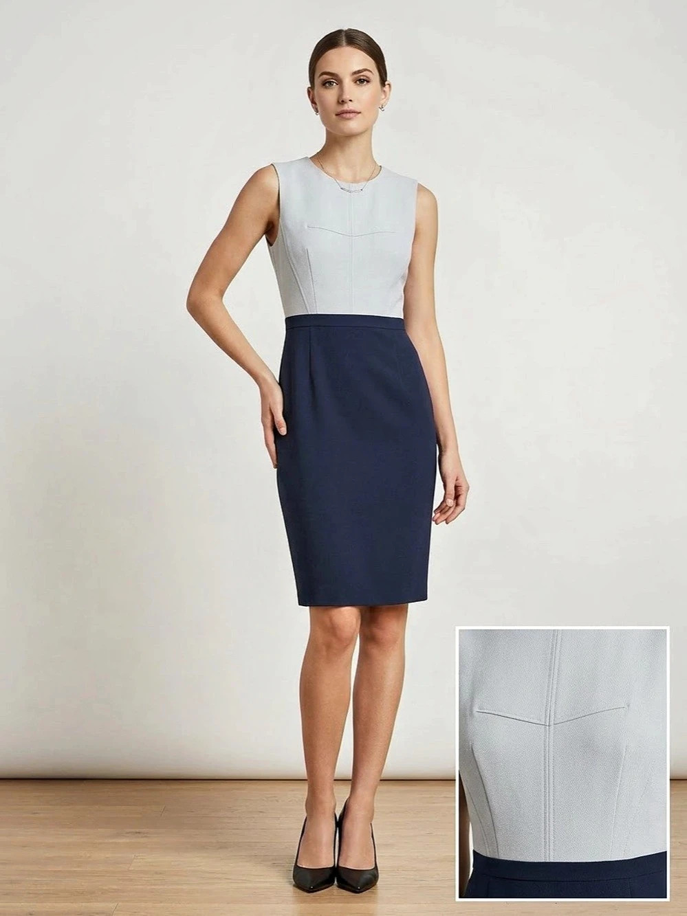 BCBG Color Block Midi Dress in Light Blue & Dark Blue
